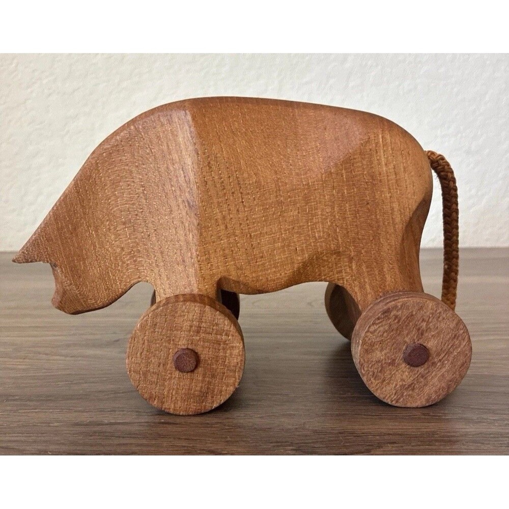 Vintage Folk Art Primitive Style Carved Wooden Pig Push Toy w/Wheels Decoration